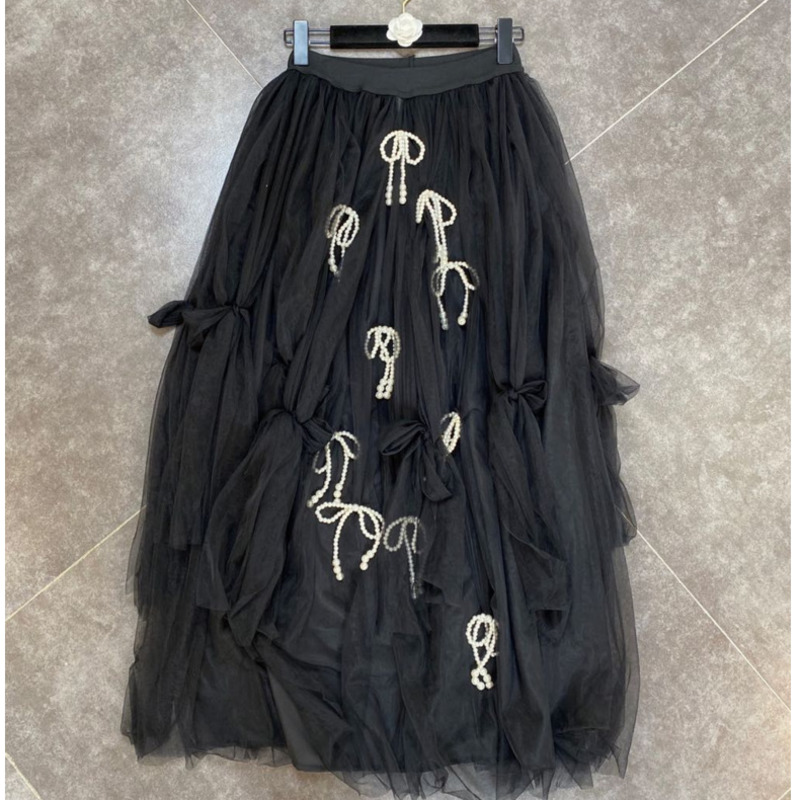

WOMENGAGA 2020 Summer New Skirt Elastic Waist Patchwork Bow Beading Girl Female Mesh Fahion High Waist Streetwear B422, Black