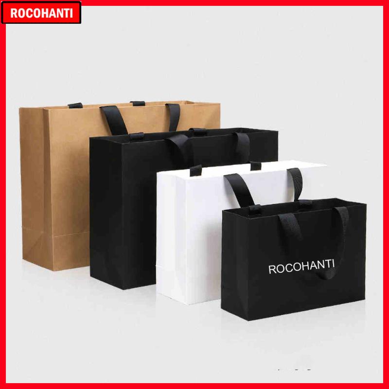 

50X Custom Logo Paper Shopping Bag With Ribbon Handle for Clothing Gift Packaging