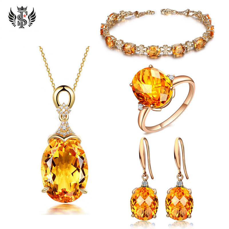 

Moissanite Bracelet Plated Four-claw Citrine Ring, Gold Color Oval Earrings Citrine Pendant Set, Silver