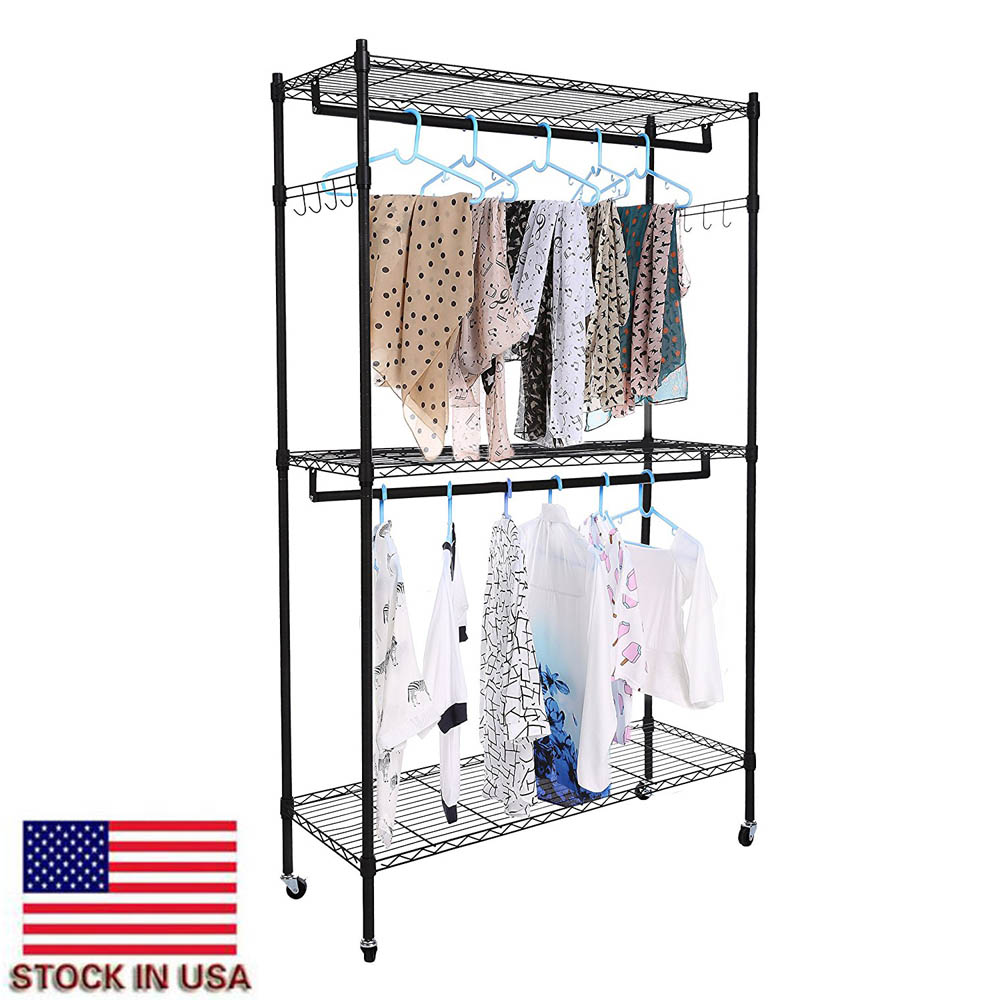 

2Tier Rod Closet Organizer Garment Black Rack Bedroom Easy to Install Clothes Storage Hanger Shelf Hooks US Stock
