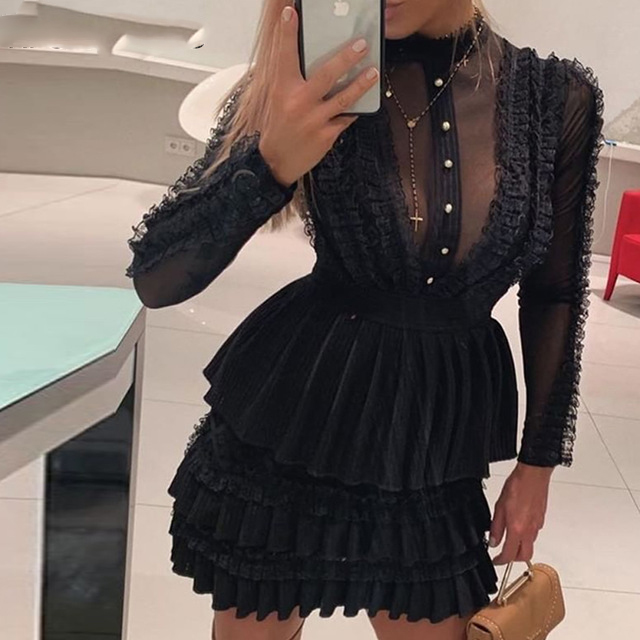 

Mock Neck Sheer Mesh Insert Ruffles Buttoned Dress, Black