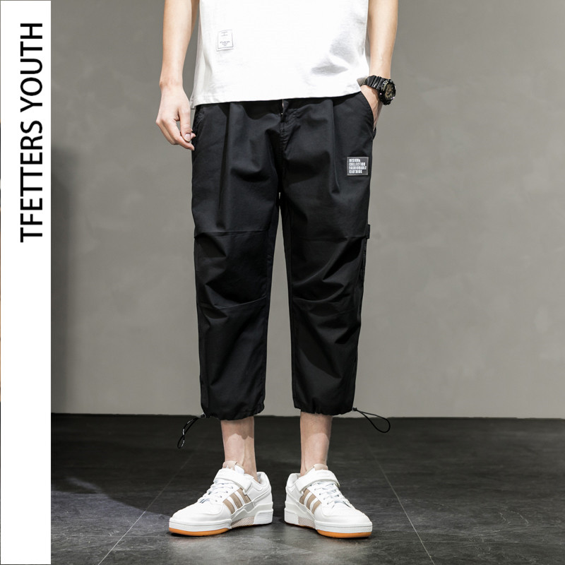 

TFETTERS Japanese Trend Sweatpants Men Summer Cotton Loose Casual Thin Cropped Pants for Male Solid Color Straight Cargo Pants, Black casual pants