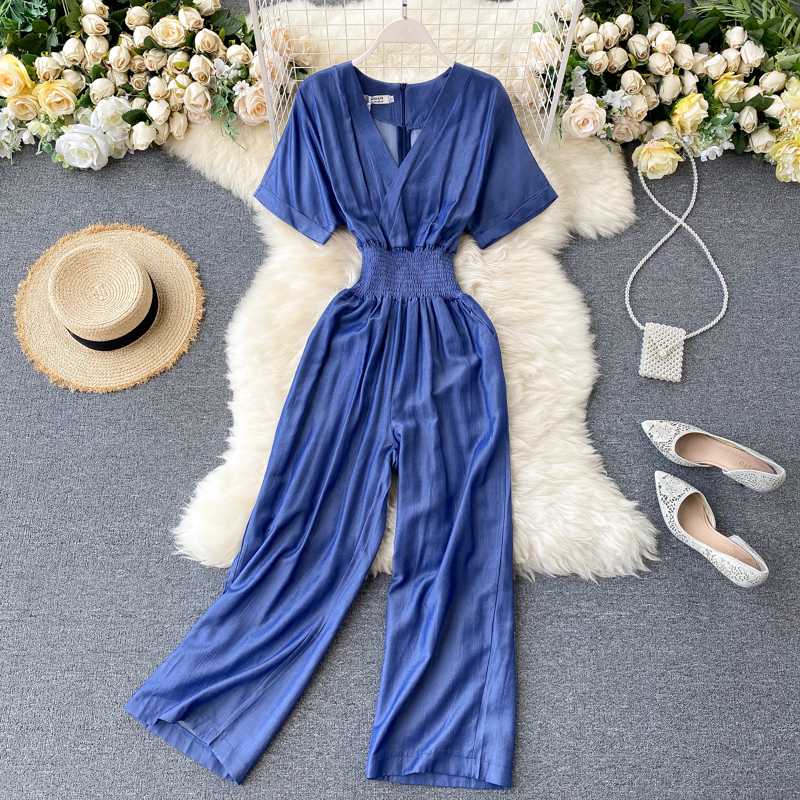 

SINGRAIN Elastic Ruched Women Denim Rompers Fashion V Neck Simple Solid Jumpsuits Summer Holiday Beach Wide Leg Long Rompers, Blue