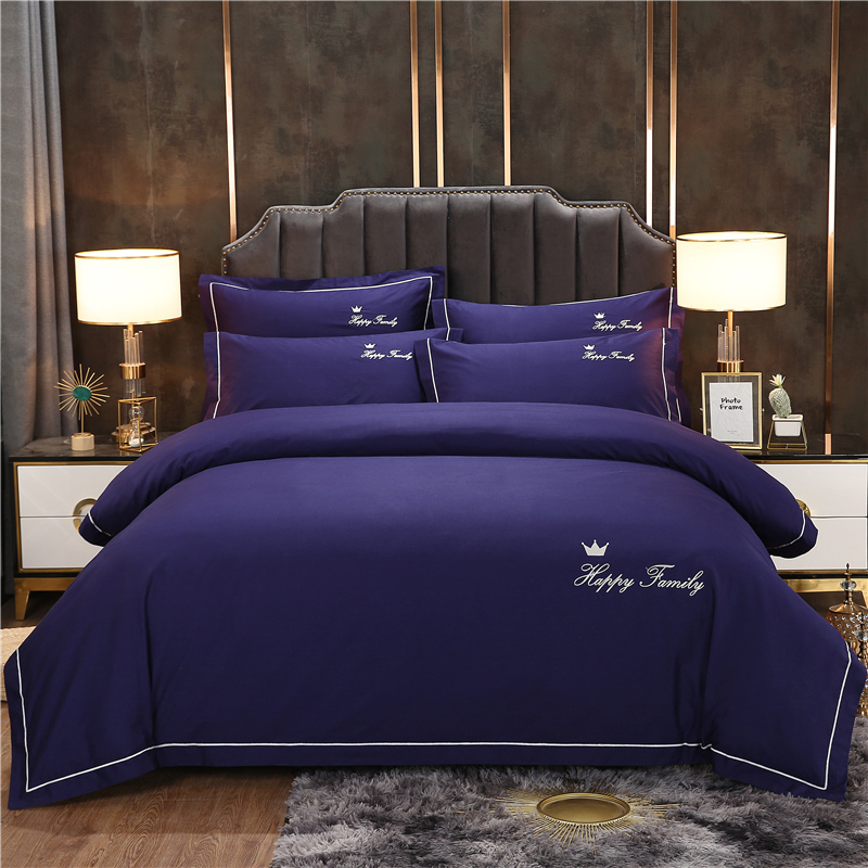 

100% cotton Bedding Set words embroidery Bed cover queen king size rubber fitted sheet Duvet Cover 4pcs Bed set