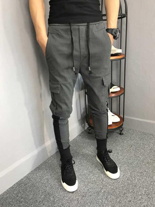 

Korean Fashion Cargo Pants Harem Pants Men Casual Slimming Fit Joggers Streetwear Trendy Trousers Elastic Man Clothing, Black