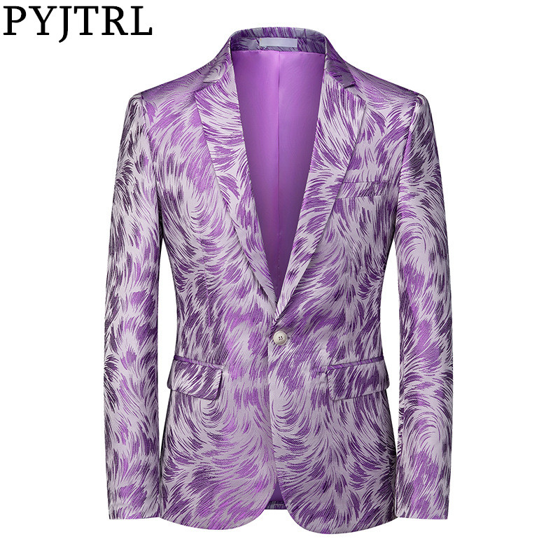 

PYJTRL Mens Quality Violet Floral Jacquard Suit Jacket Wedding Groom Party Prom Dress Tuxedo Stage Singers Slim Blazers Costume