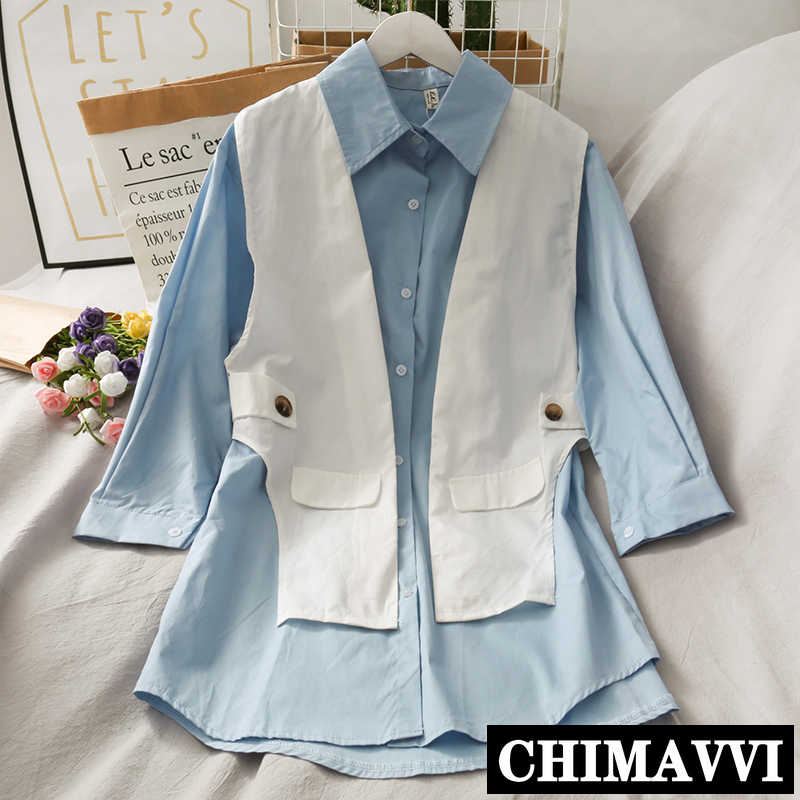 

New Autumn Fashion Long Sleeve Shirt + Casual Vest Two-piece Set Female Long-Sleeved Cardigan Loose Blouse Femme Top