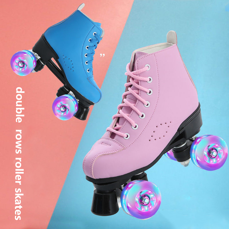 

Artificial Leather Roller Skates Double Line Skates Women Men Adult Skating Shoes Patines With White PU 4 Wheels, Blue