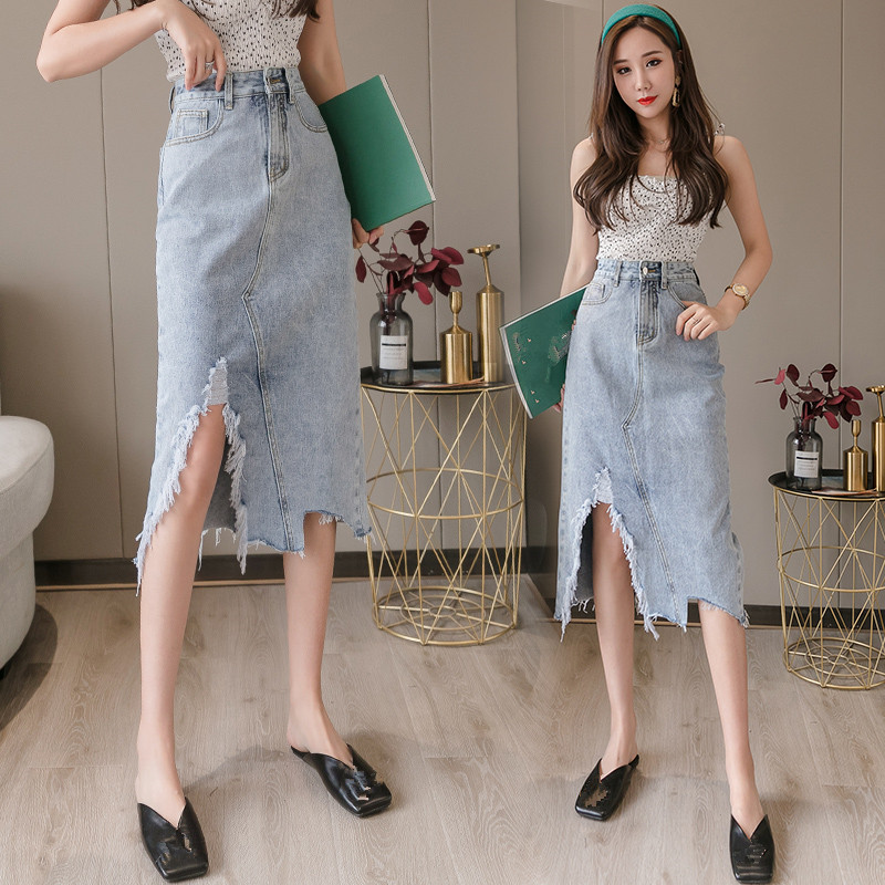 

Jeans Skirts Womens Vintage Clothes Ripped Denim Long Skirts Blue Harajuku 2020 Summer High Waist Streetwear Cowboy Skirt