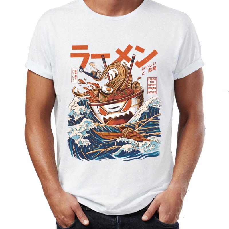 

Summer Men's T-shirt Great Ramen Off Kanagawa Funny Artsy Tshirt Cool Anime Tees Tops Harajuku Streetwear, White