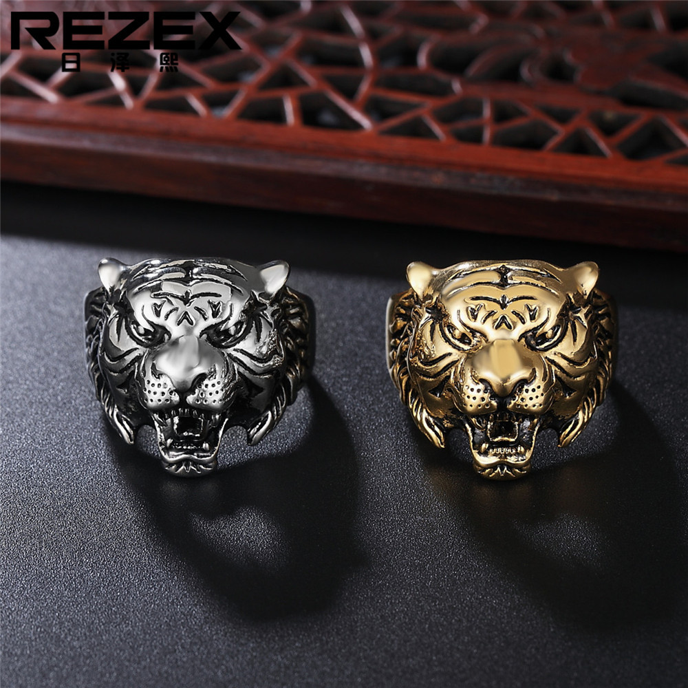 

European and American fashion men's ring tiger head men's titanium steel ring1420, Golden;silver