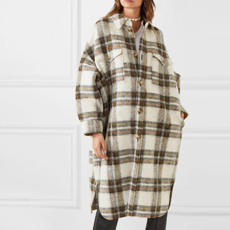 

2020 New Turn Down Collar Loose Women Woolen Coat Plaid Casual Elegant Wool Jacket Women Long Coat Casaco Feminino Oversize, Beige