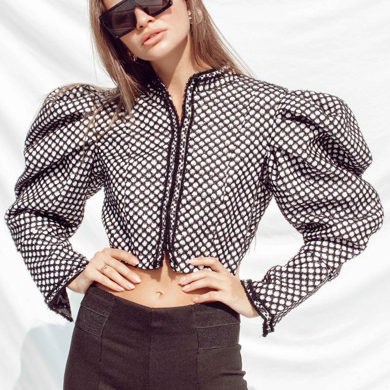 

Vintage Plaid Women Blouse Shirt Autumn 2020 O Neck Single Breasted Puff Sleeve Crop Top Outerwear Retro Fashion Streetwear Top, Black
