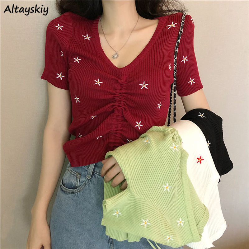 

Shirts Women V-neck Summer New Lace Up Floral Embroidery Knitted Bottoming Slim Crop Tops Short Sleeves Cute Elegant Chic Womens, 1833 red