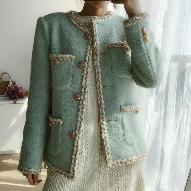 

small fragrance tweed short woolen jacket women o-neck loose thick wool blends coat, Beige