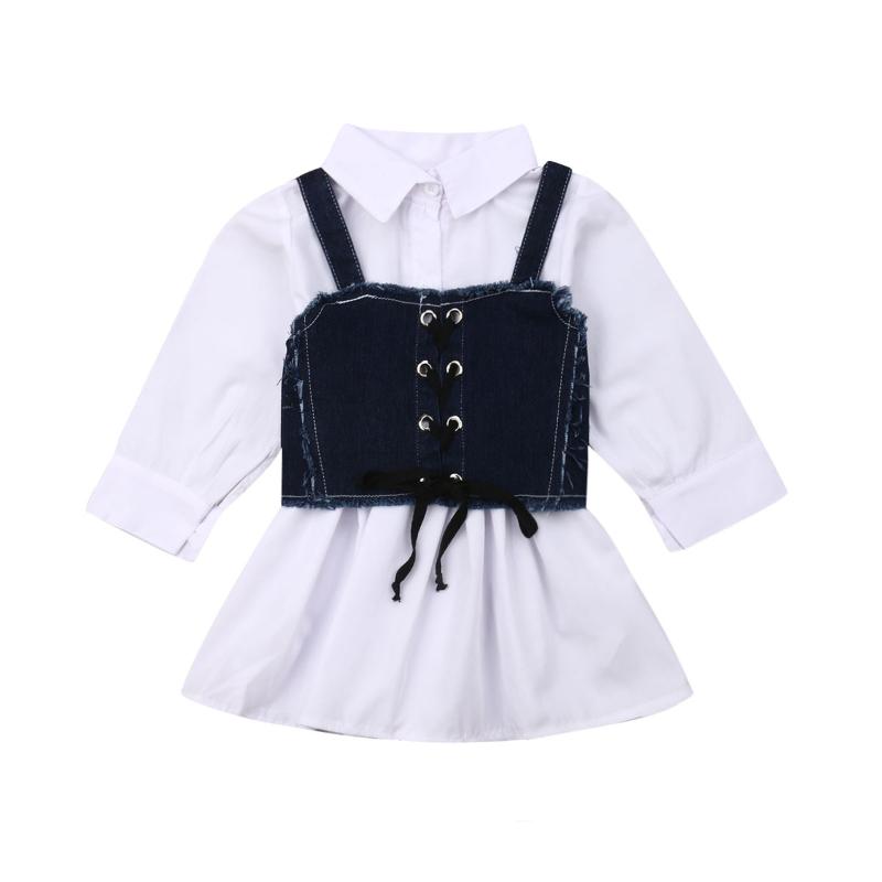 

Fashion Toddler Kids Baby Girl Dress+Vest Long Sleeve Sling White A-Line Dress Denim Vest Summer Clothes Set 2020, As pic