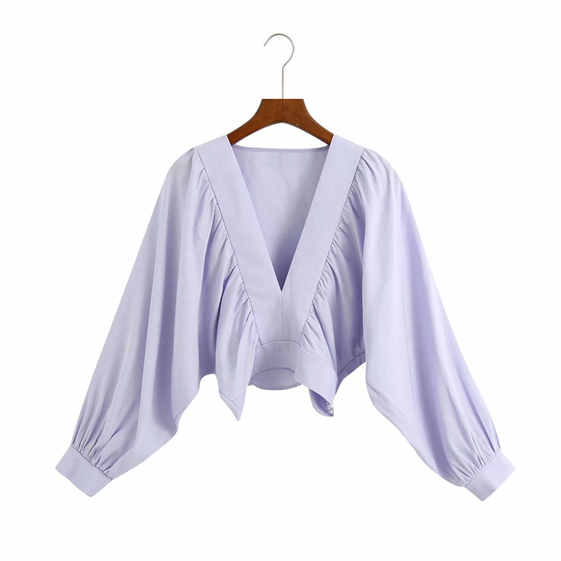 

KUMSVAG 2020 Summer Women Short Blouses Shirts Tops Long Sleeve Deep V-Neck Tunic Top Female Street Solid Shirts Clothing blusas