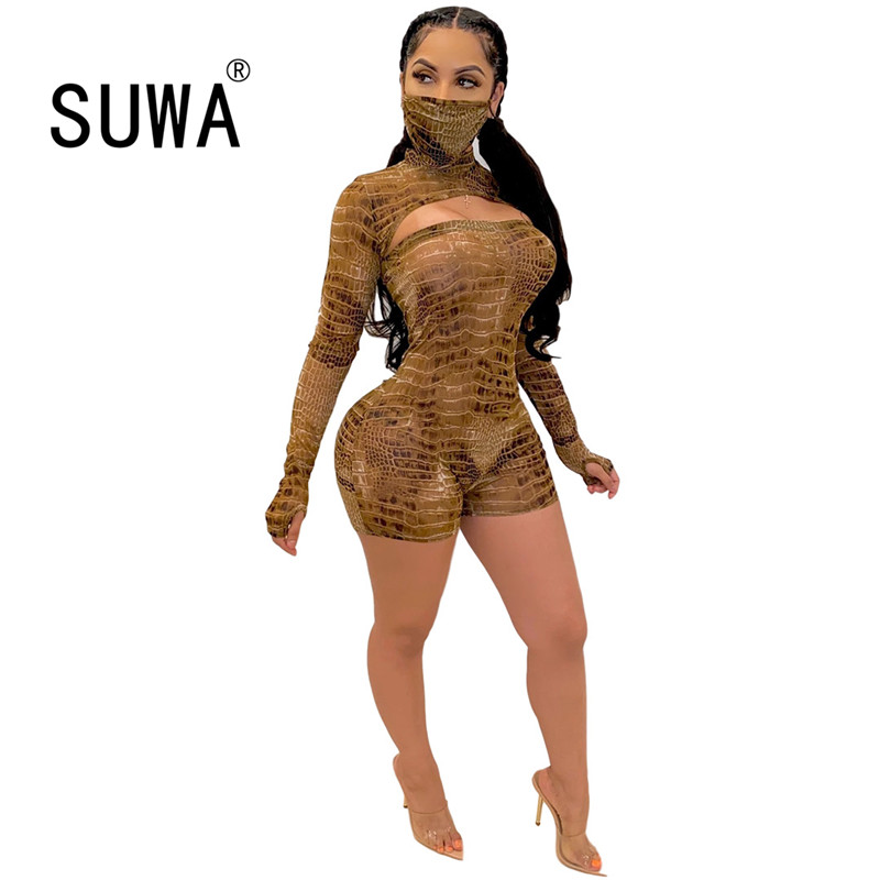 

prints women two piece one piece outfits long sleeve crop tops + high waist jumpsuit romper short bodycon playsuit suit, Multi