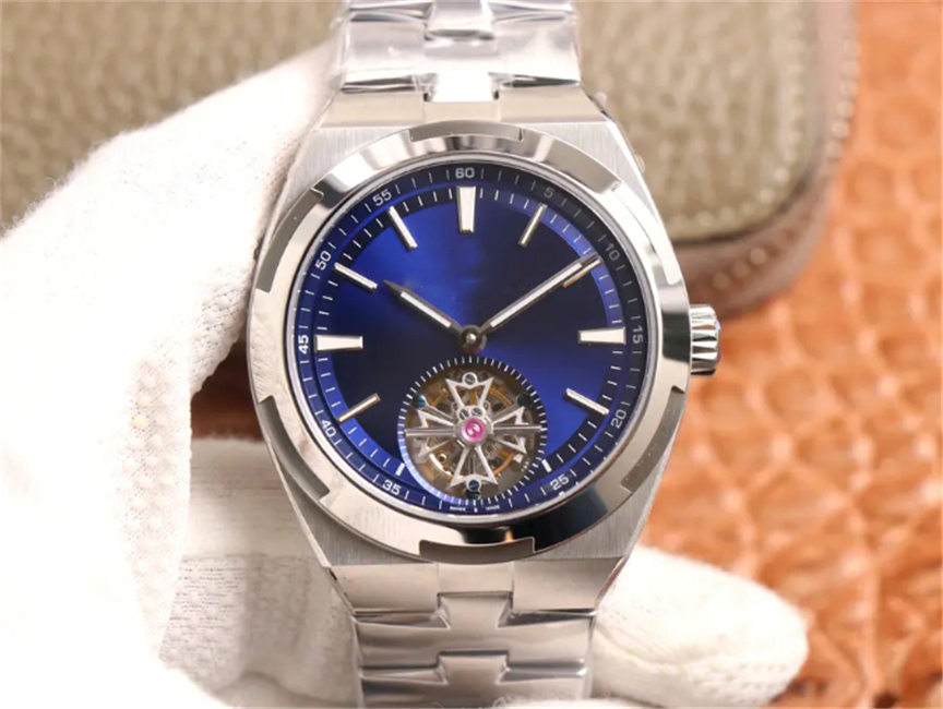 

8F Overseas first Tourbillon Montre De Luxe mens watch 42.5mm Tourbillon Movement Blue Sungrain Dial Fine Steel Case Mechanical Watches Wristwatches, As picture