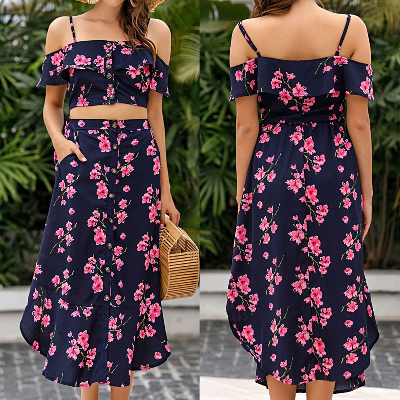 

Women' Boho Printing Off The Shoulder Top And Maxi Skirt Two Piece Sets, As pic