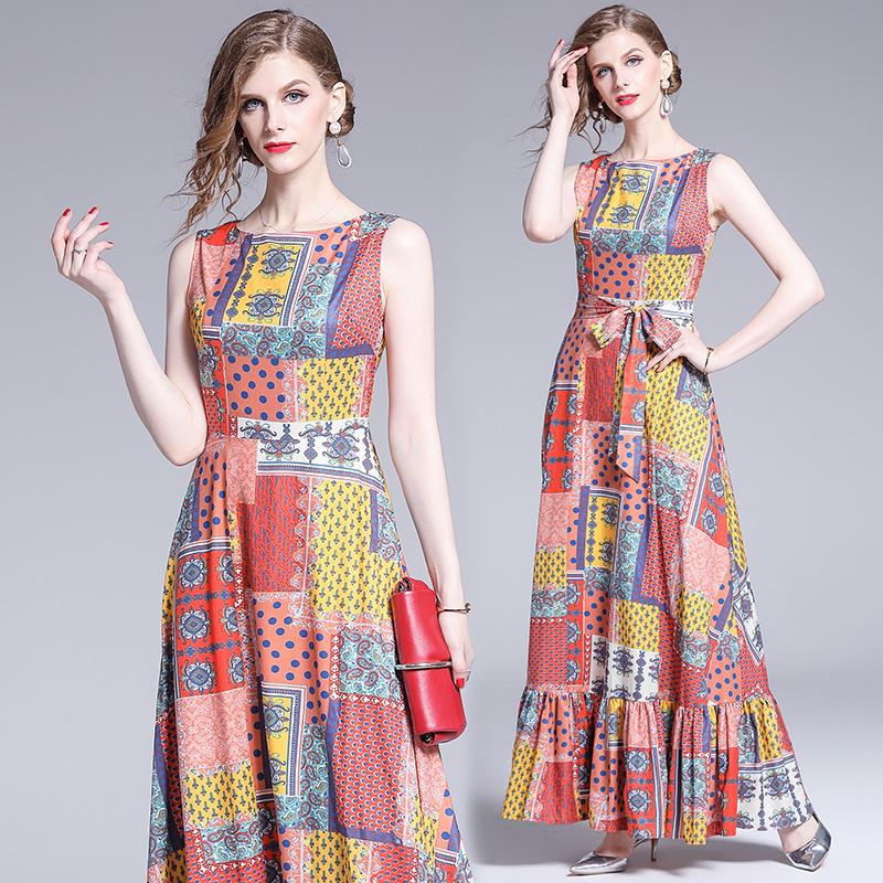 

make Europe and the United States the new cultivate one' morality dress geometric patterns printed sleeveless ruffled dress, Design
