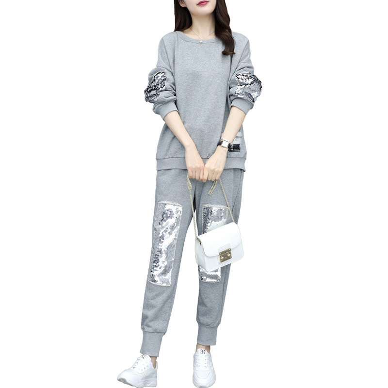 

Autumn Women Clothing Beading Two Piece Set Sweatshirt Tops And Pants Matching Set Outfit Large Plus Size Casual Sport Tracksuit, Gray