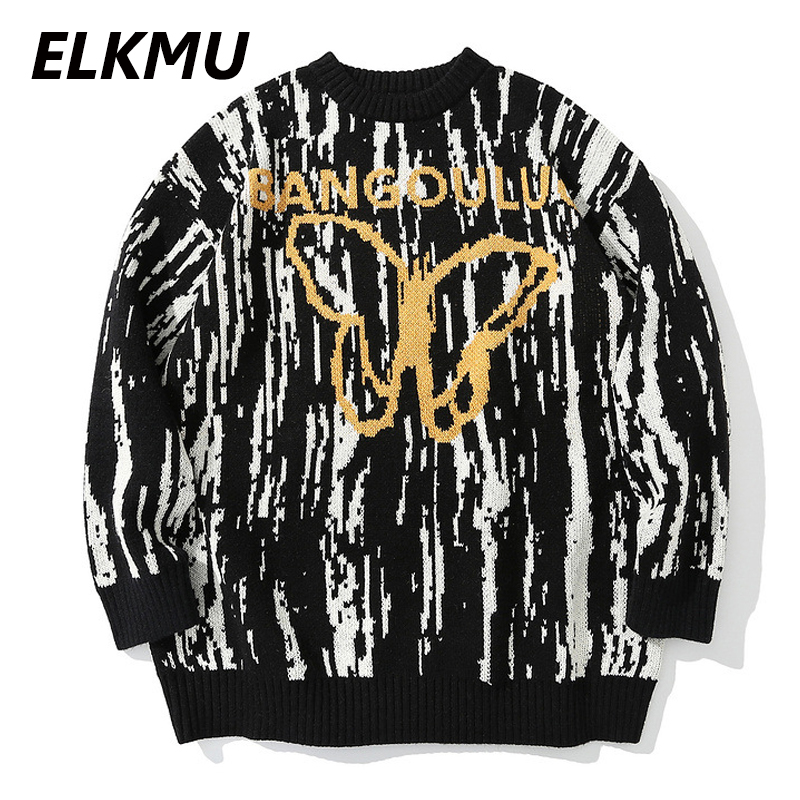 

ELKMU Creative Print Knitted Sweaters 2020 Winter Harajuku Casual Knitwear Jumper Loose Sweater Hiphop Streetwear Men Tops WE063, Black