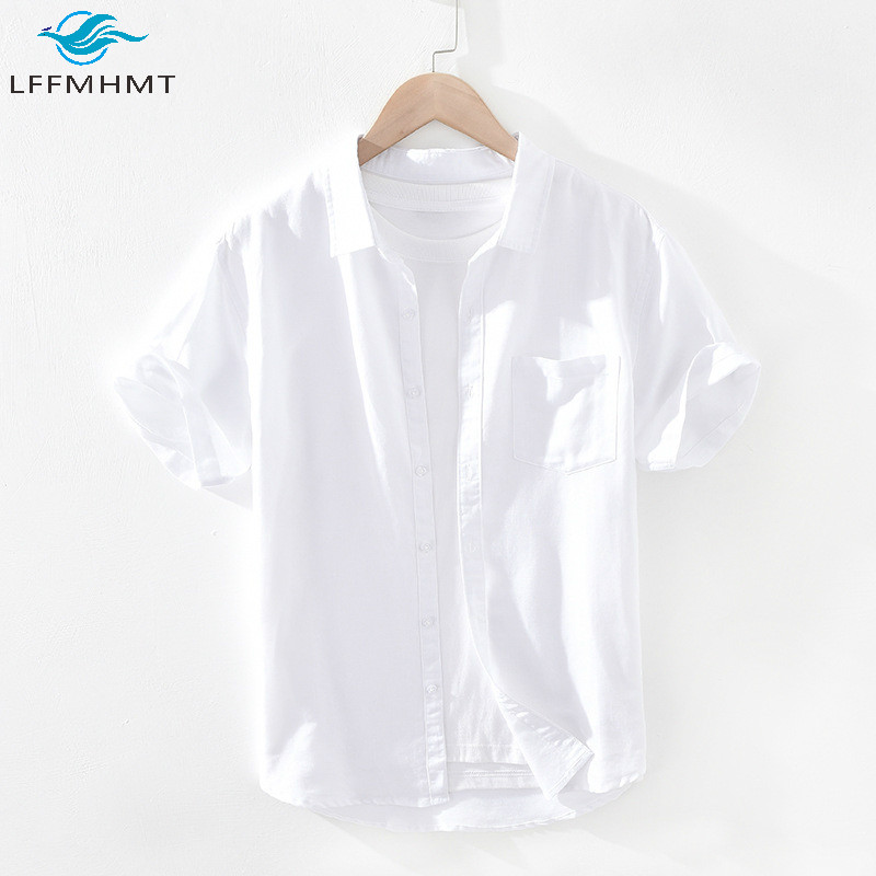 

Men Summer Fashion Cotton Linen Short Sleeve Pocket Shirts Businessmen Square Collar Casual Japan Style Thin Basic Simple Tops, White
