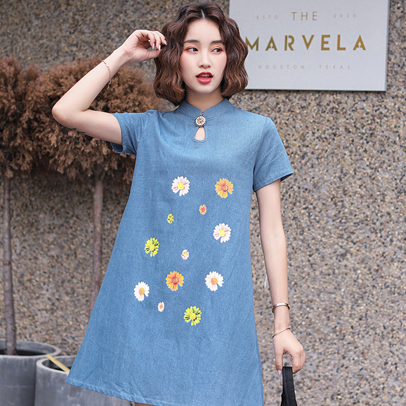 

Chinese dress cheongsam linen cheongsam dress short sleeve embroidery Print qipao