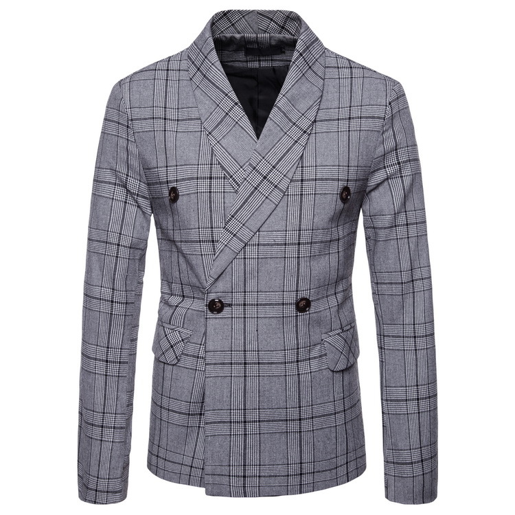 

Men's new autumn fashion plaid blazer double-breasted suit big yards cultivate one's morality, Beige