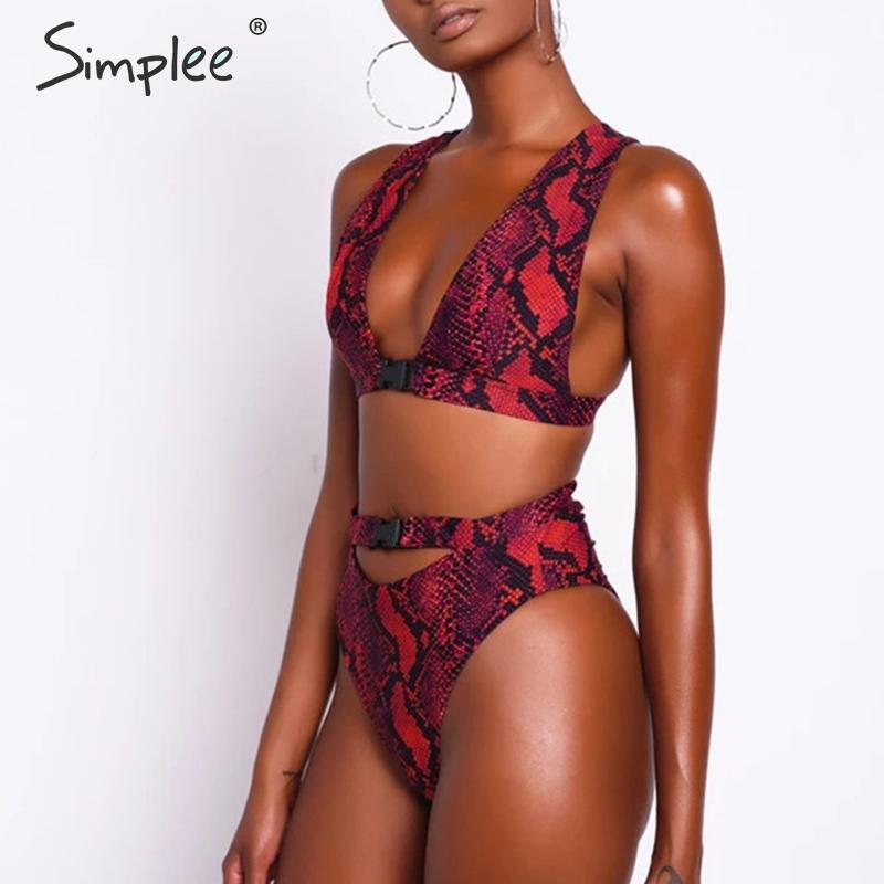 

Simplee Vintage snake print bikini set Sexy buckle belt summer beach wear swimwear Brazilian bodycon bikini Bathers bathing suit, X19sw2443