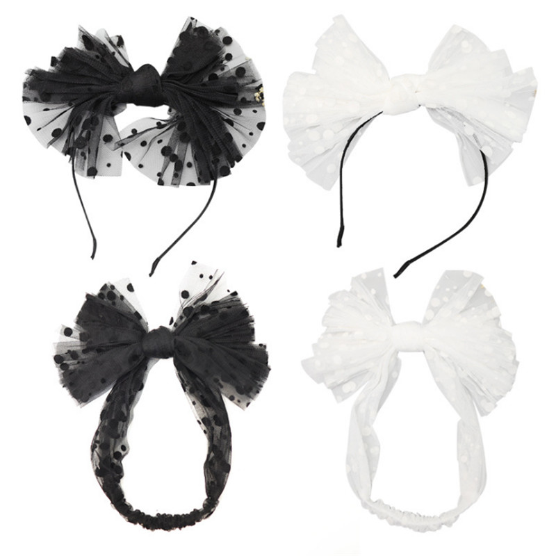 

5pcs/lot Lovely Princess Hairbands Lace Butterfly Bows Headband For Girls Polka Dots Kids Mesh Yarn Head Hoop Hair Accessories, White headband(46cm)