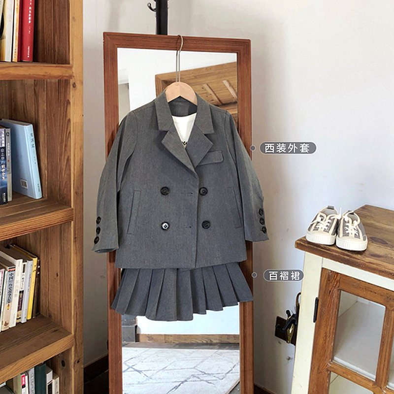 

Spring Autumn girls 2 pcs set baby coat + pleated skirt kids suit children brand clothes classic England preppy style 3 to 8 yrs, Gray