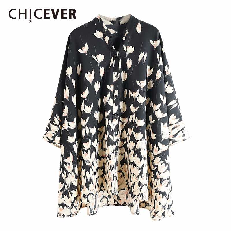 

CHICEVER Korean Print Shirt For Women Asymmetric V Neck Batwing Sleeve Casual Oversize Blouse Female Summer Fashion Clothes 2020, Black