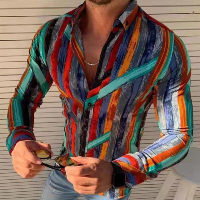 

New Autumn Men' Long Sleeve Shirt Lapel Stripe Fashion Shirt Casual Loose color Single Breasted Comfortable Oversize, Red