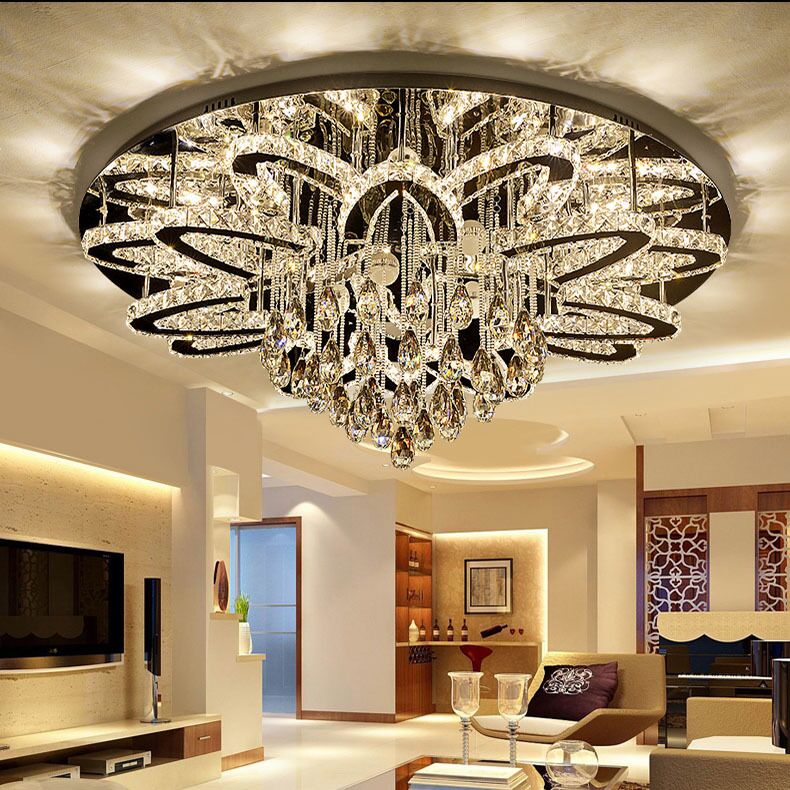 

Modern Simple Stainless Steel Lustre K9 Crystal Round Chandeliers Lighting Personality Luxury LED Bedroom Living Room Ceiling Lamp Lights