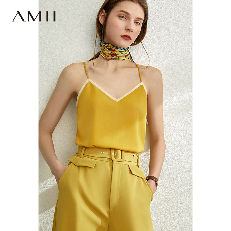

AMII Minimalism Spring Summer Fashion Spliced Tank Tops Women Causal Vneck Straight Female Camisole Tops 12020209, Black