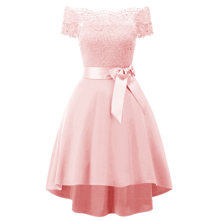 2020 Spring and Summer New Womens off-Shoulder Lace Stitching Satin Cocktail Party Dress Dance Bridesmaid Dress-image-563132770