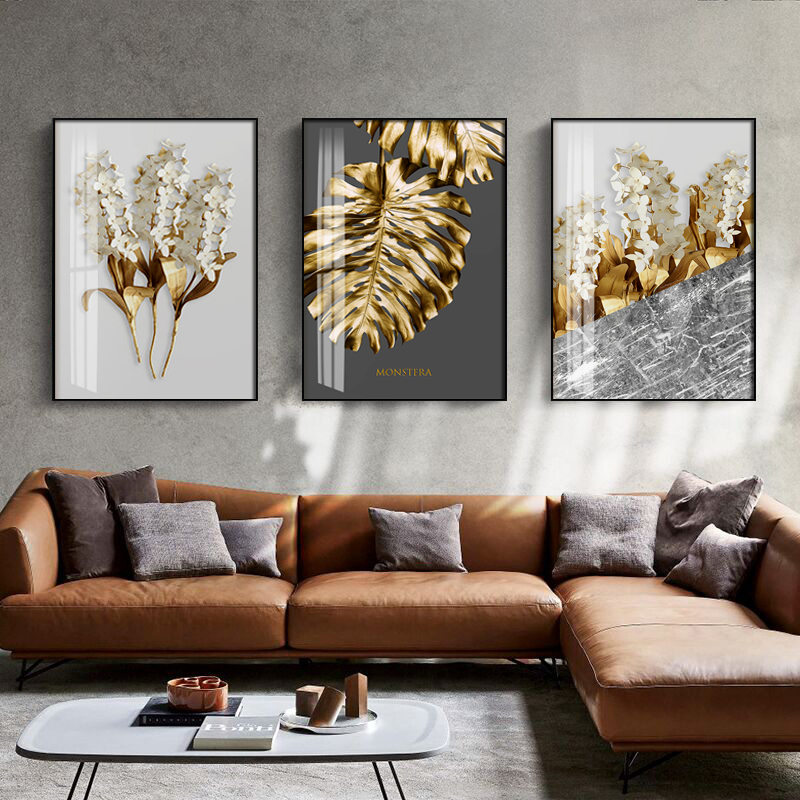 

Nordic Golden abstract leaf flower Wall Art Canvas Painting Black white feathers Poster Print Wall Picture for Living Room Decor