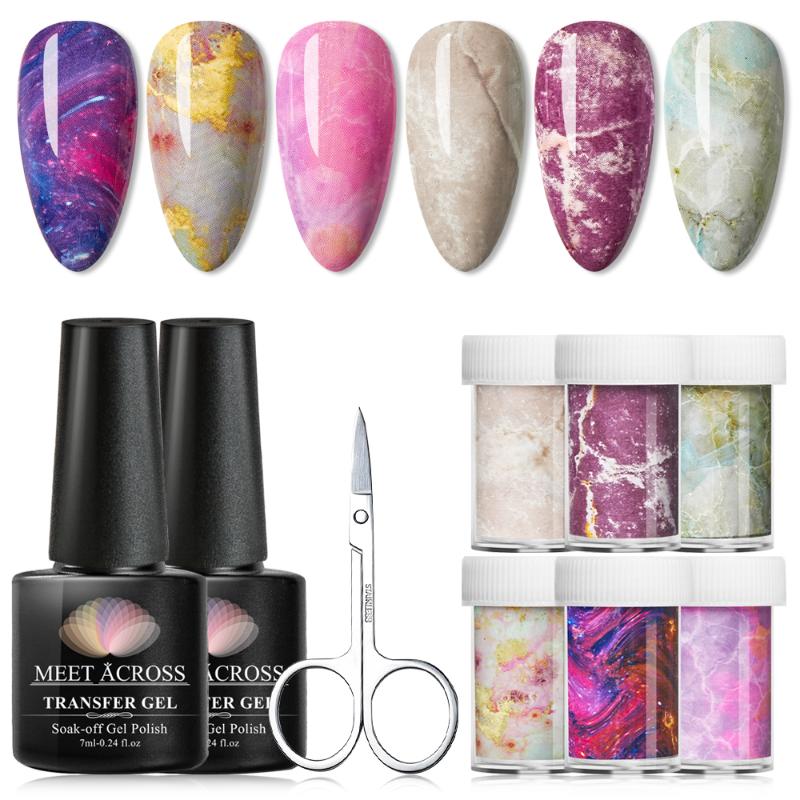 

MEET ACROSS Transfer Foil Nail Glue Set Soak Off UV LED Varnish Nail Foil Adhesive Transfer Glue with Starry Sky Sticker Kits, Hz929