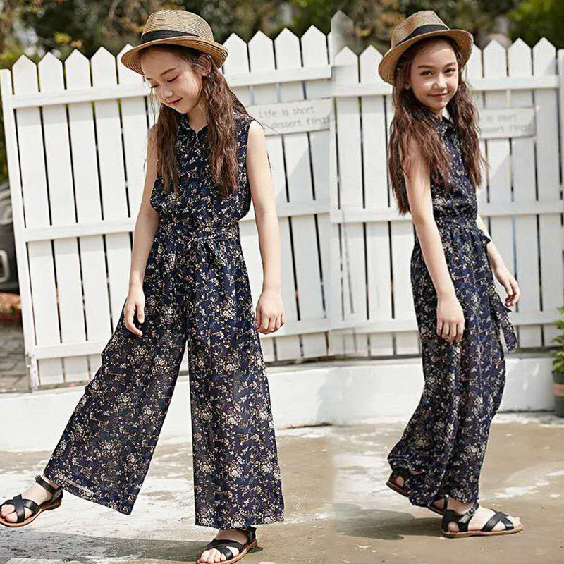 

Girls Clothing Suit Summer 2020 New Children's Floral Chiffon Tops Wide Leg Pants Sets 2PCS Kids Outfits Girls Age 3-14Year, Navy blue