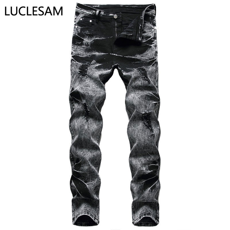 

Distressed Ripped Jeans for Men 2020 Hip Hop Designer Pants Male Skinny Straight Trouses Mens Streetwear Moto Biker Denim Pants, Black gray
