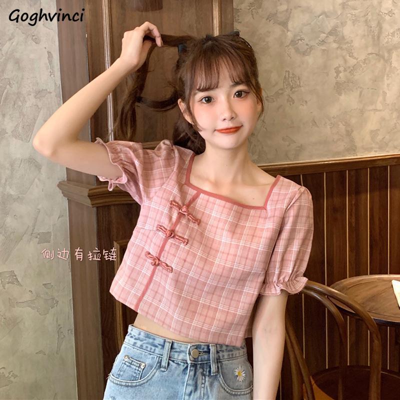 

Shirts Women Plaid Summer Buckle Crop Top Square Collar Sweet Korean Fashion Leisure Loose Womens Blouses Ins BF Teens Daily New, Blue