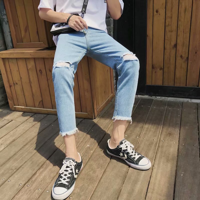 

Wholesale 2020 Fashion Personalized beggar teenagers ripped jeans men' handsome casual pants summer feet cropped pants, Blue