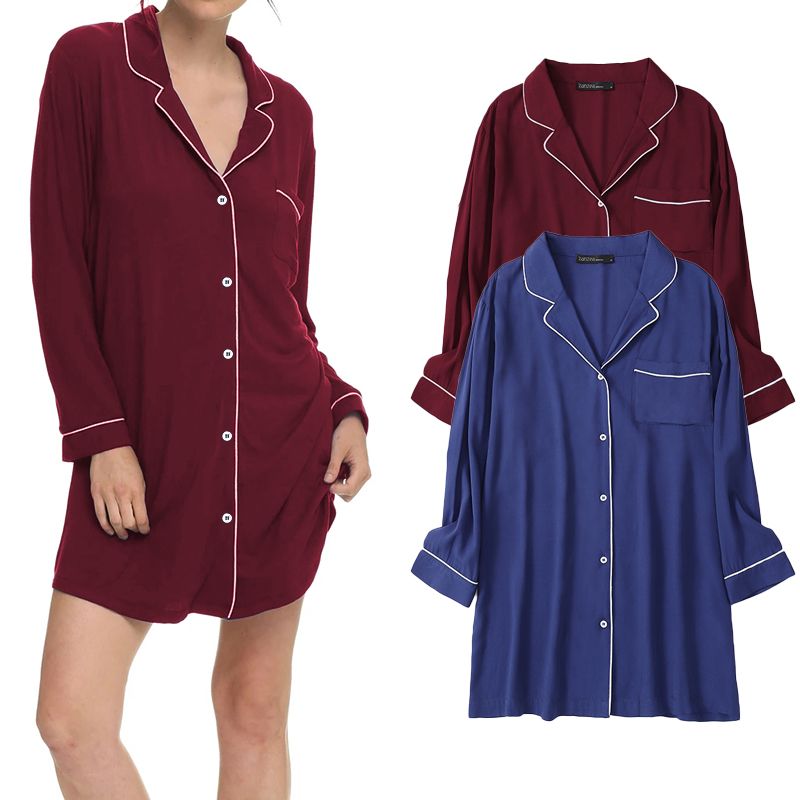 

Casual Autumn Full Sleeve Sleepwear Women Solid ZANZEA Nightdress Pocket Buttons Nightie Nightgown Mini Shirt Dresses Plus Size, Navy