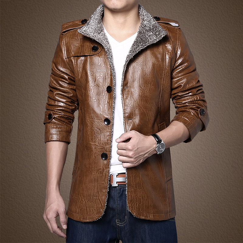 

Thoshine Brand Winter Men Leather Jackets Thick Fleece Slim Fit Male PU Leather Coats Buttons Heavyweight Windbreaker Plus Size, Black