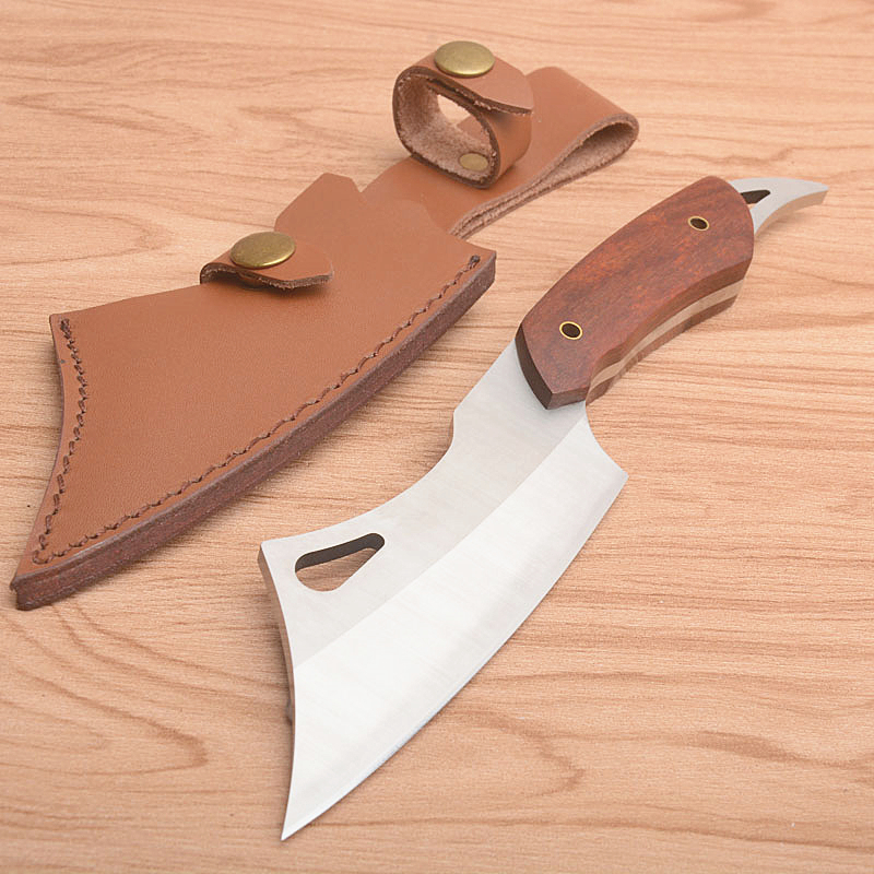 

High Quality Fixed Blade Kitchen Knife 440C Satin Blade Full Tang Wood Handle Outdoor Camping Hiking Straight Knives With Leather Sheath