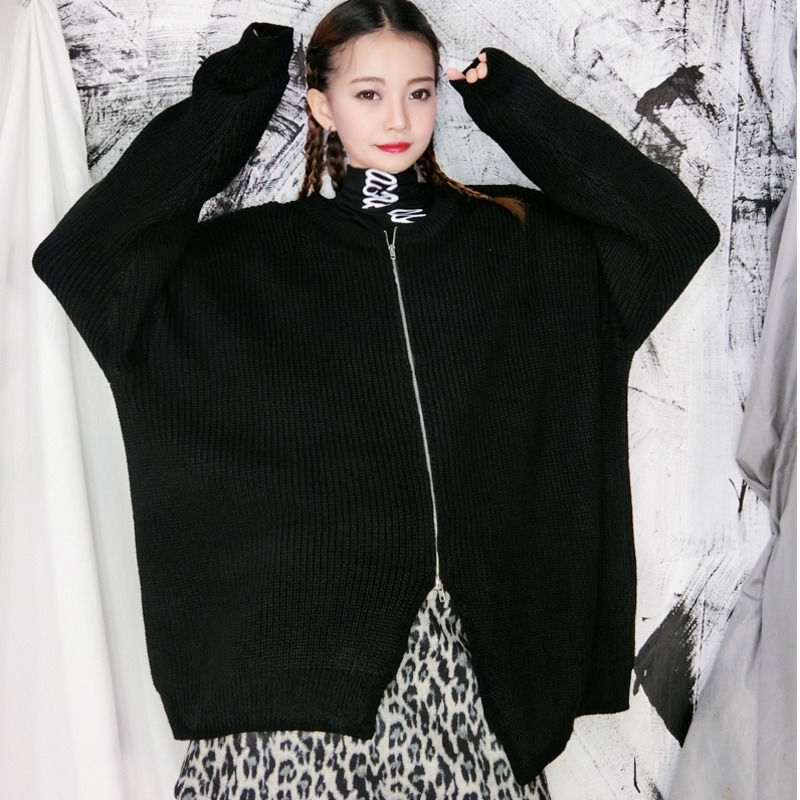 

EWQ] ] Long Sleeve Women Tide Spring 2020 13S316 Zipper Hit Color Knitting Pullovers Sweater Coats Loose Fit Round Neck, Green