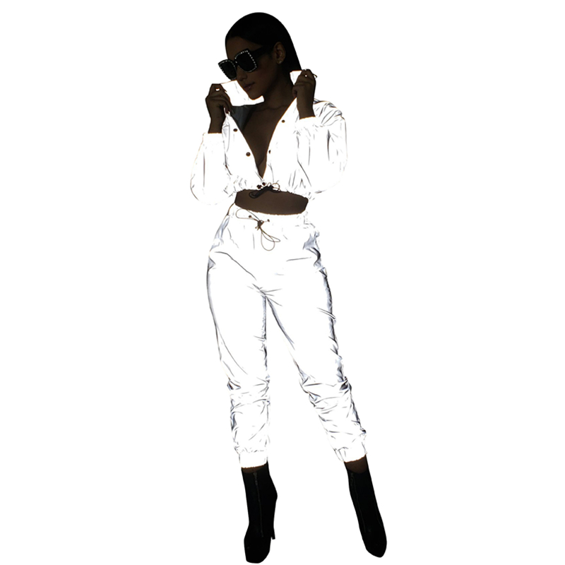 

Women Sexy Reflective Tracksuit Night Version Turn Down Collar Long Sleeve Buttons Crop Tops+ Pants Two Piece Sets GRNSHTS, Gray