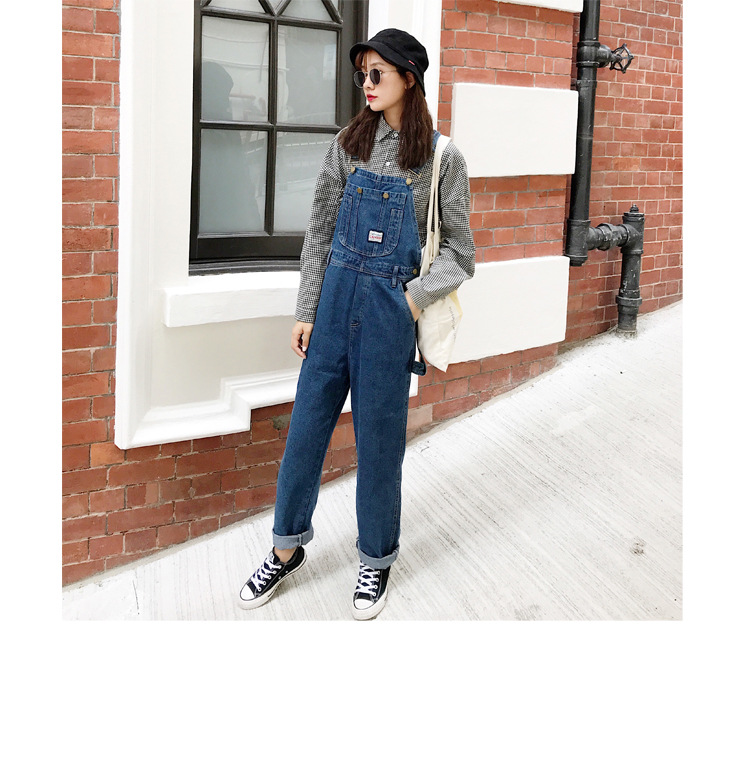 

Qooth Vintage High Waist Jeans Overalls Women Big Pockets Denim Romper Ladies Wide Leg Harem Jumpsuits Capri Jeans QH2280, Blue